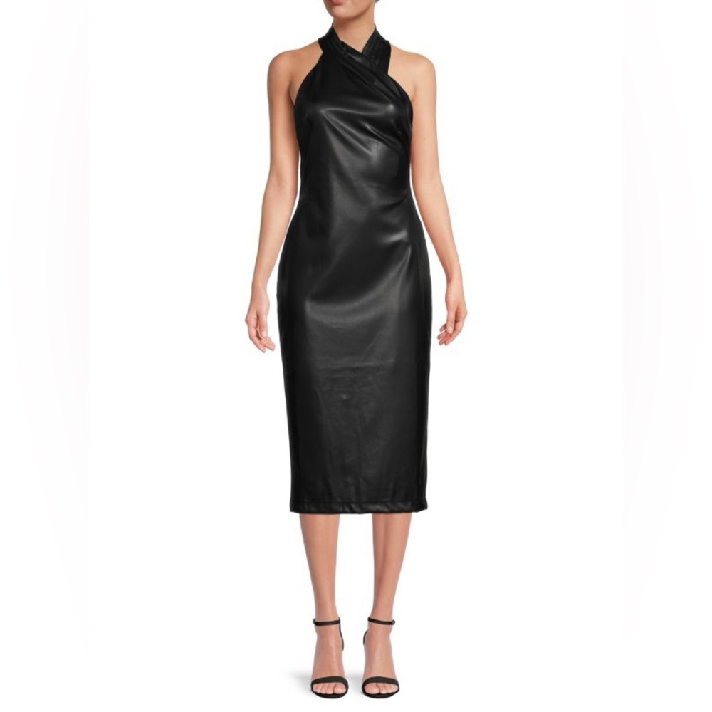 Rachel Roy Harlan Black Halter Faux Leather Midi Dress XS